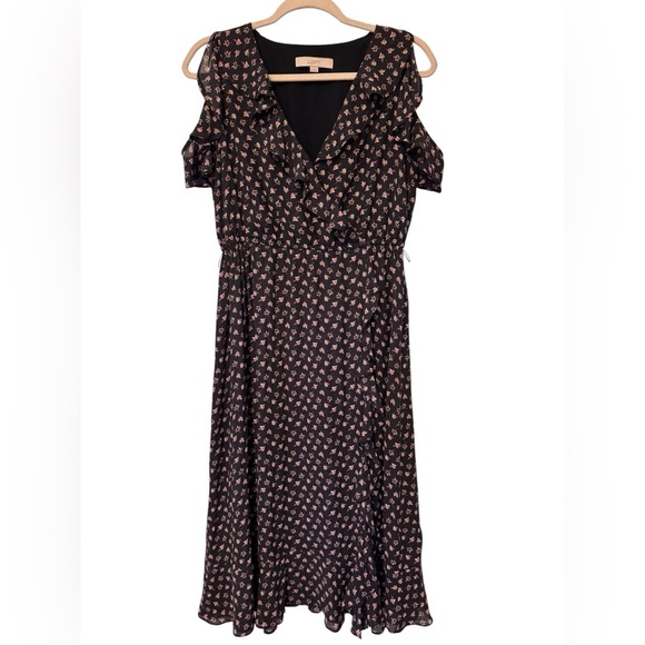 LOFT Dresses & Skirts - LOFT Black & Pink Midi Dress Faux Wrap Size Medium Cold Shoulder Missing Belt